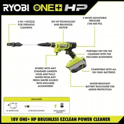 RYOBI RY121860K ONE+ HP 18-Volt Brushless EZClean 600 PSI 0.7 GPM Cordless Electric Power Cleaner w/ 4.0Ah Battery, Charger, Accessories