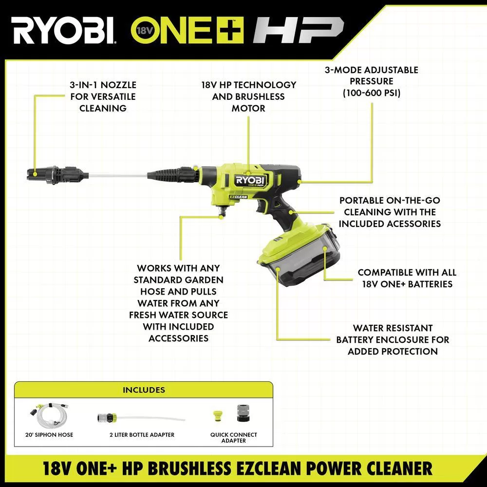 RYOBI RY121860K ONE+ HP 18-Volt Brushless EZClean 600 PSI 0.7 GPM Cordless Electric Power Cleaner w/ 4.0Ah Battery, Charger, Accessories