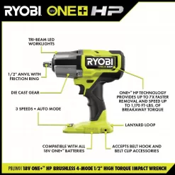 RYOBI PBLIW01K2 ONE+ HP 18V Brushless Cordless 4-Mode 1/2 in. High Torque Impact Wrench Kit with (2) 4.0 Ah Batteries and Charger