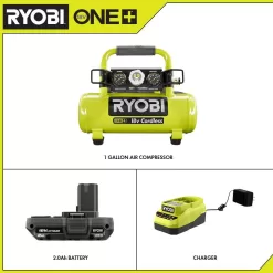 RYOBI P739-PSK005 ONE+ 18V Cordless 1 Gal. Portable Air Compressor and 2.0 Ah Compact Battery and Charger Starter Kit
