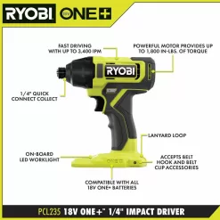 RYOBI PCL235K2 ONE+ 18V Cordless 1/4 in. Impact Driver Kit with (2) 1.5 Ah Batteries and Charger