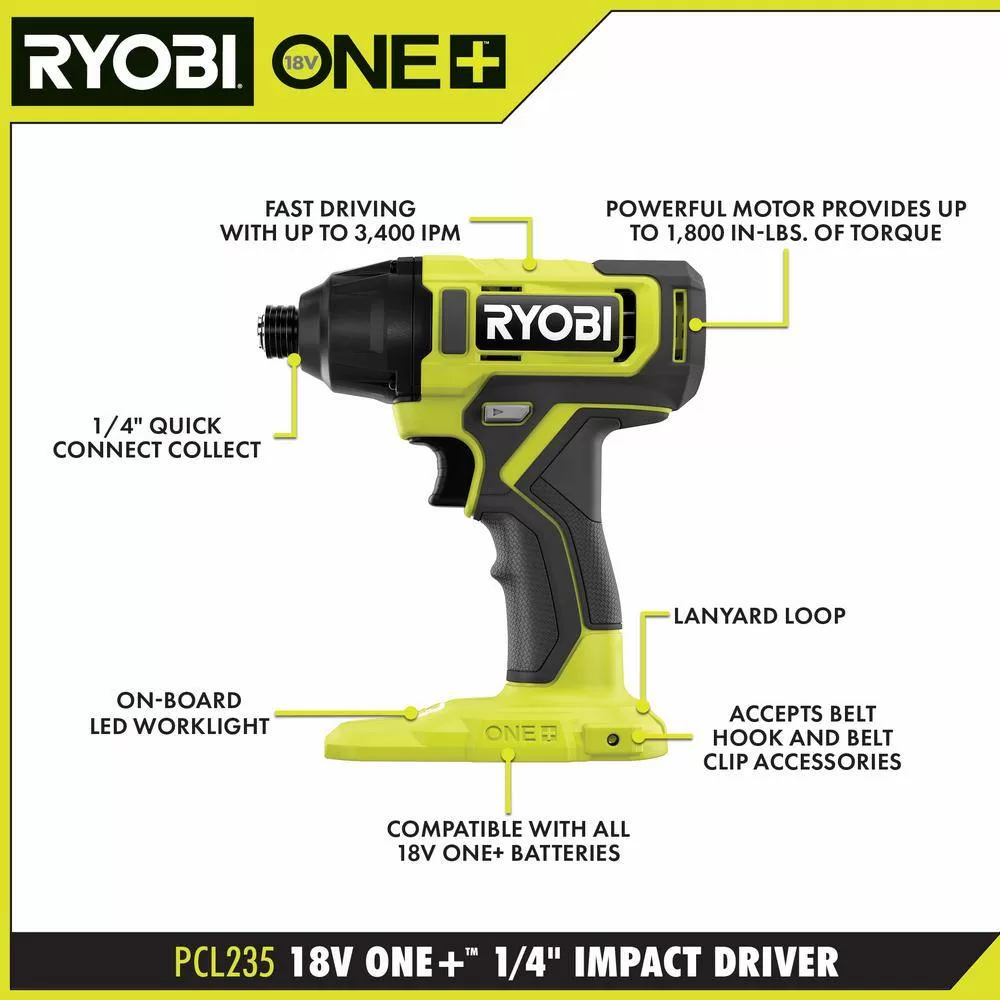 RYOBI PCL235K2 ONE+ 18V Cordless 1/4 in. Impact Driver Kit with (2) 1.5 Ah Batteries and Charger