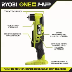 RYOBI PSBRA02B-A972501 ONE+ HP 18V Brushless Cordless Compact 3/8 in. Right Angle Drill (Tool Only) w/ 25-Piece Black Oxide Drill Bit Set