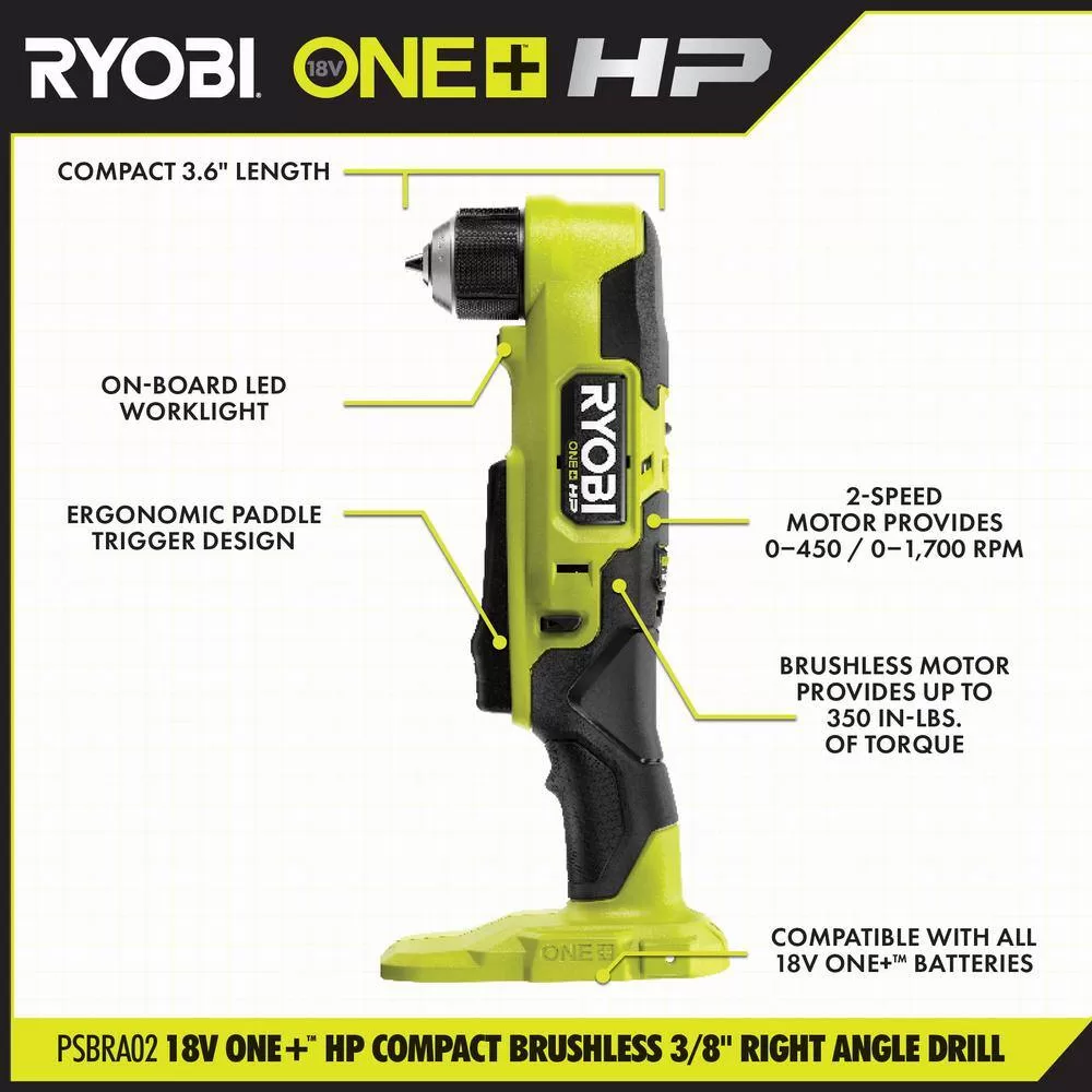 RYOBI PSBRA02B-A972501 ONE+ HP 18V Brushless Cordless Compact 3/8 in. Right Angle Drill (Tool Only) w/ 25-Piece Black Oxide Drill Bit Set