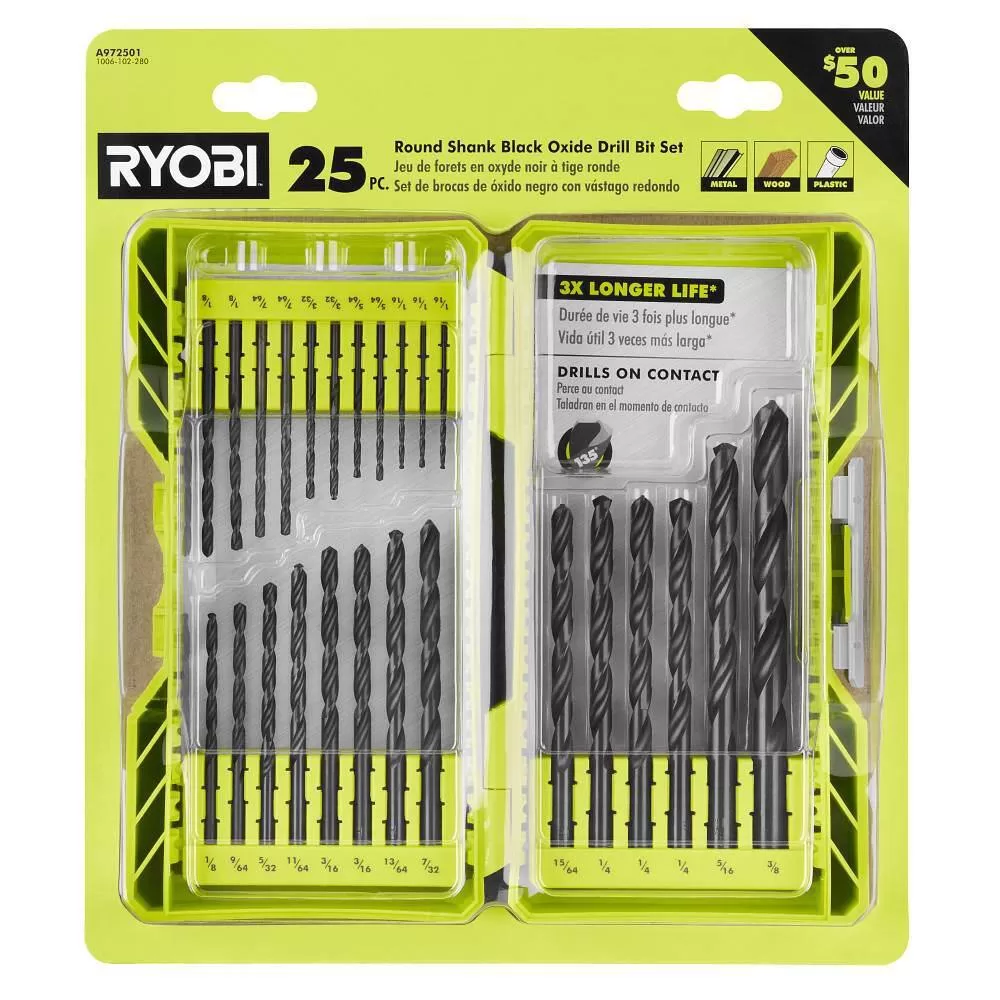 RYOBI PSBRA02B-A972501 ONE+ HP 18V Brushless Cordless Compact 3/8 in. Right Angle Drill (Tool Only) w/ 25-Piece Black Oxide Drill Bit Set