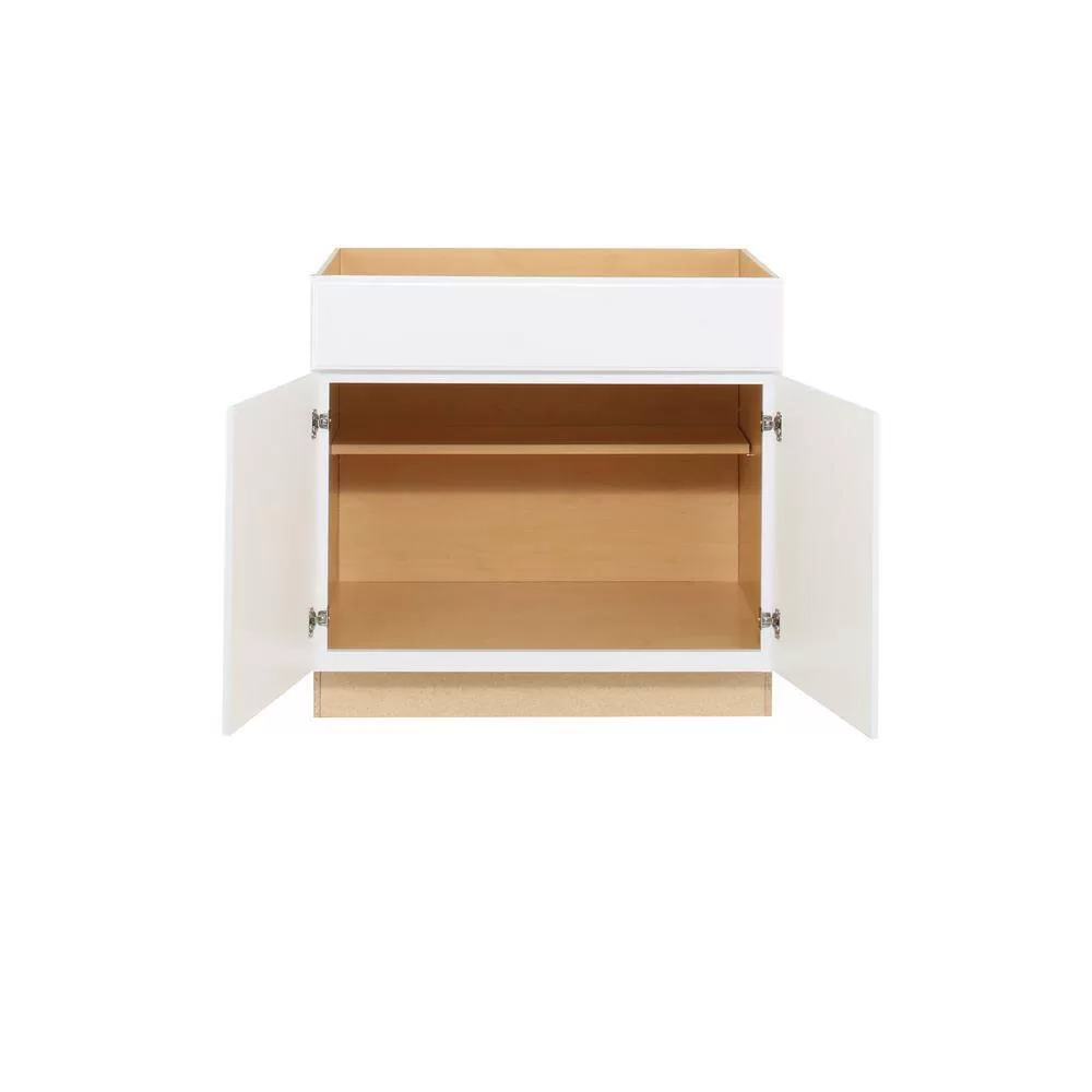 Hampton Bay KB36-SW Hampton 36 in. W x 24 in. D x 34.5 in. H Assembled Base Kitchen Cabinet in Satin White with Drawer Glides