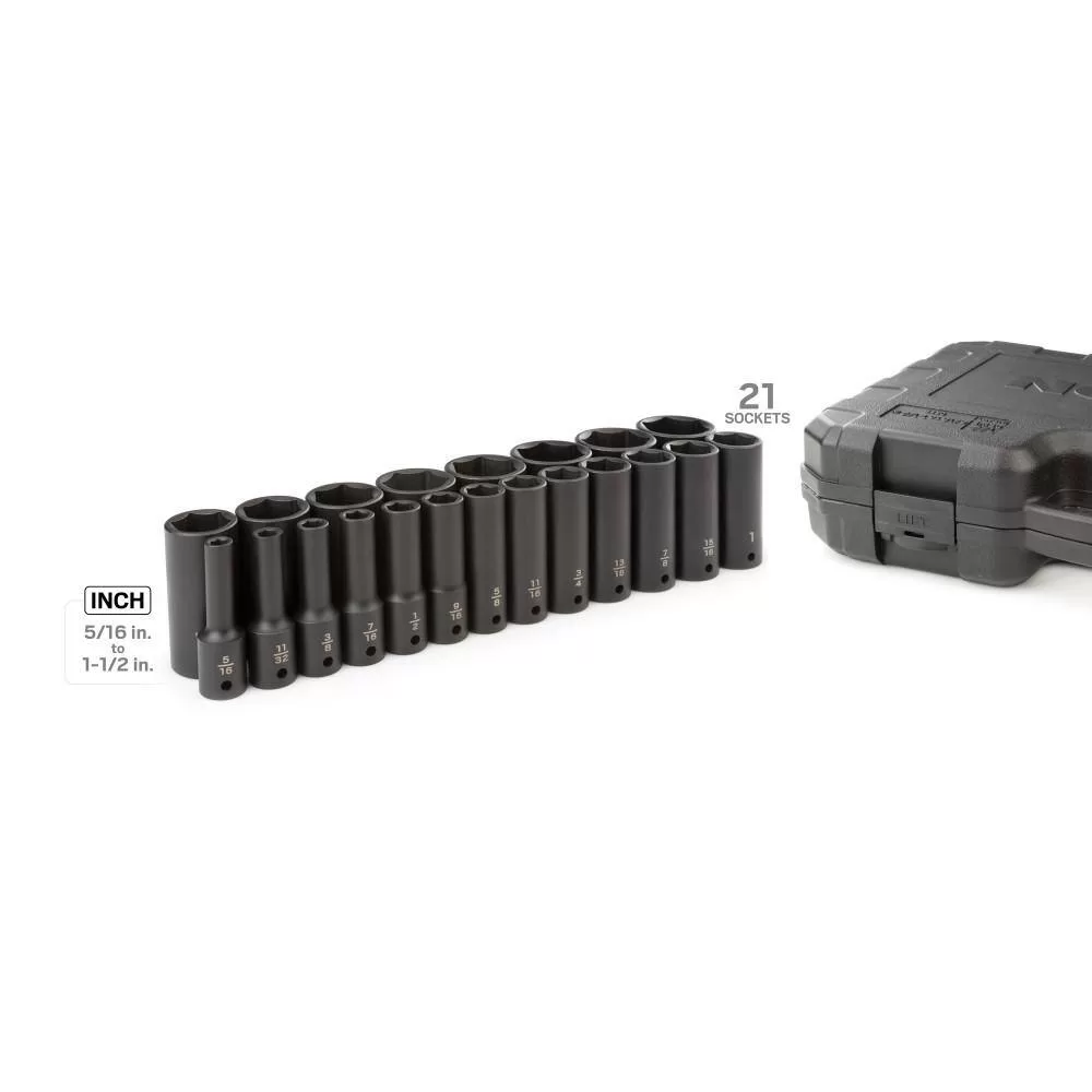 TEKTON SID92306 1/2 in. Drive Deep 6-Point Impact Socket Set, 21-Piece (5/16 in. -1-1/2 in.)
