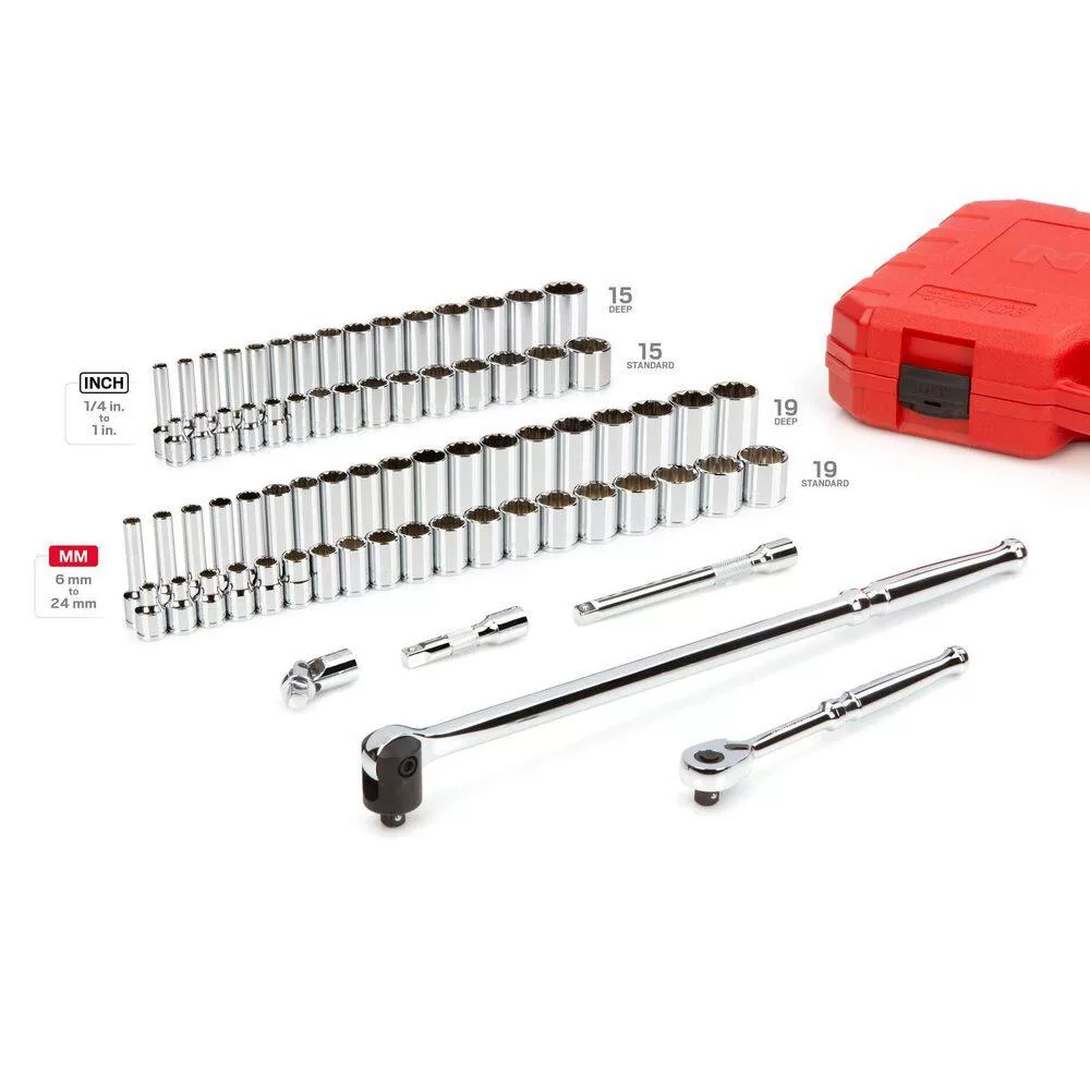 TEKTON SKT15312 3/8 in. Drive 12-Point Ratchet and Socket Set, (74-Piece) (1/4-1 in., 6-24 mm)