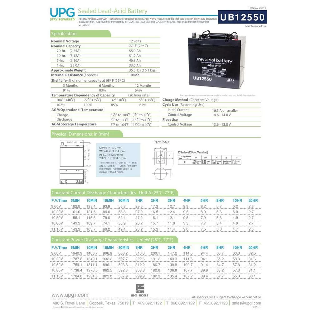 UPG UB12550 (Group 22NF) 12-Volt 55 Ah (+ on right) Z1 Terminal Sealed Lead Acid (SLA) Rechargeable AGM Battery