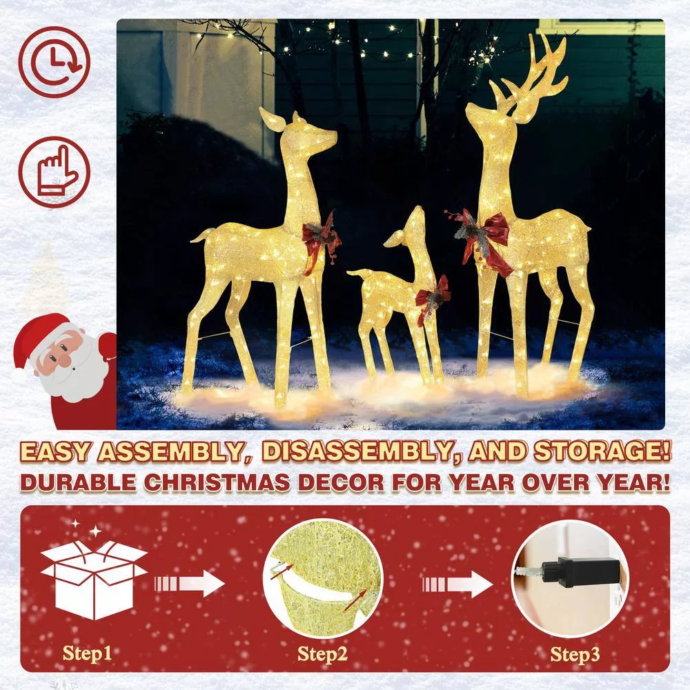 VEIKOUS PG0403-01-1 4.5 ft. 3D Warm White LED Reindeer Family Christmas Holiday Yard Decoration, Gold