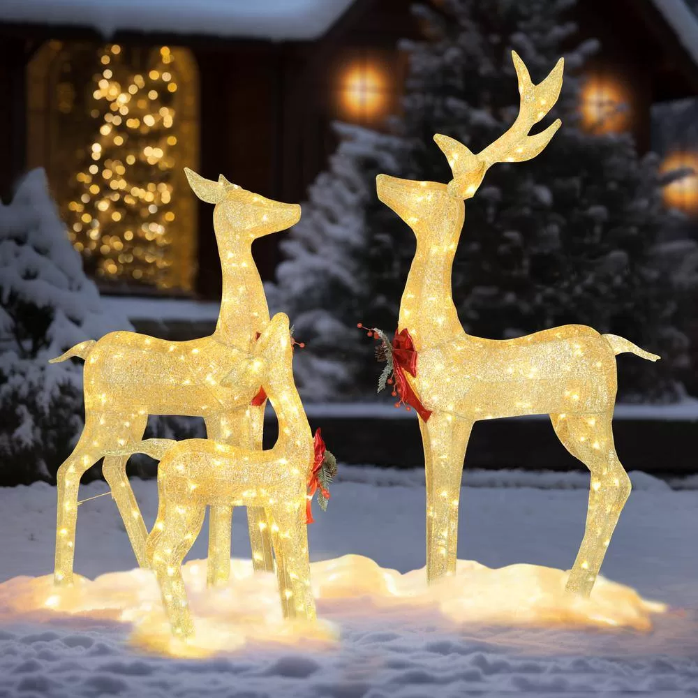 VEIKOUS PG0403-01-1 4.5 ft. 3D Warm White LED Reindeer Family Christmas Holiday Yard Decoration, Gold