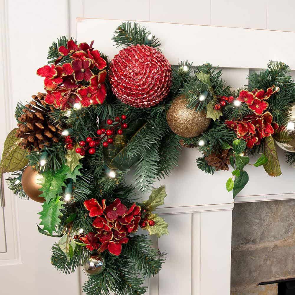 Village Lighting Company V-11091 9 ft. Pre-Lit LED Scarlet Hydrangea Garland