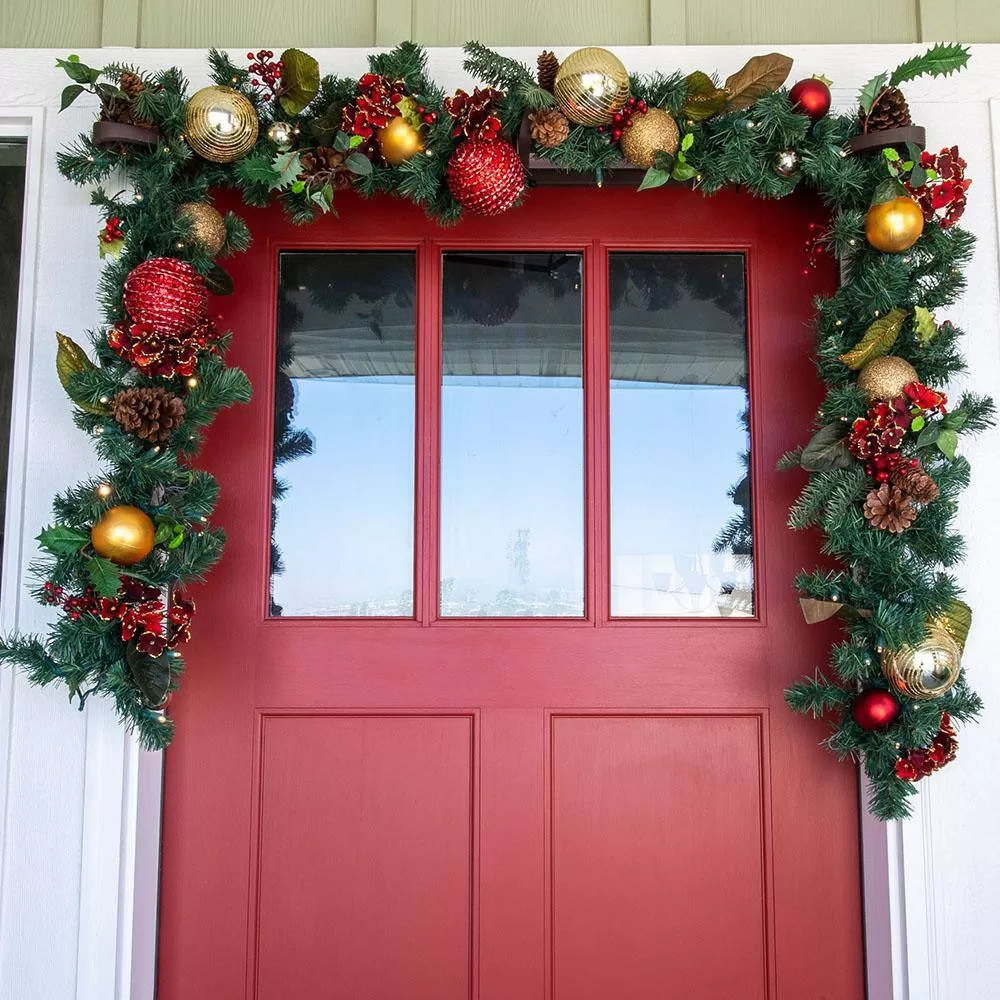 Village Lighting Company V-11091 9 ft. Pre-Lit LED Scarlet Hydrangea Garland