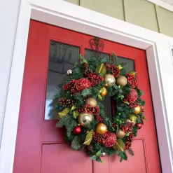 Village Lighting Company V-11090 30 in. Artificial Pre-Lit LED Scarlet Hydrangea Wreath