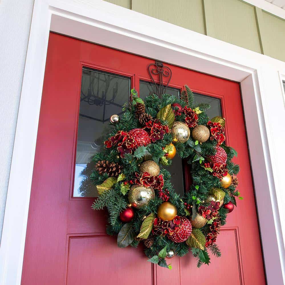 Village Lighting Company V-11090 30 in. Artificial Pre-Lit LED Scarlet Hydrangea Wreath