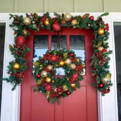 Village Lighting Company V-11090 30 in. Artificial Pre-Lit LED Scarlet Hydrangea Wreath