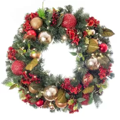 Village Lighting Company V-11090 30 in. Artificial Pre-Lit LED Scarlet Hydrangea Wreath