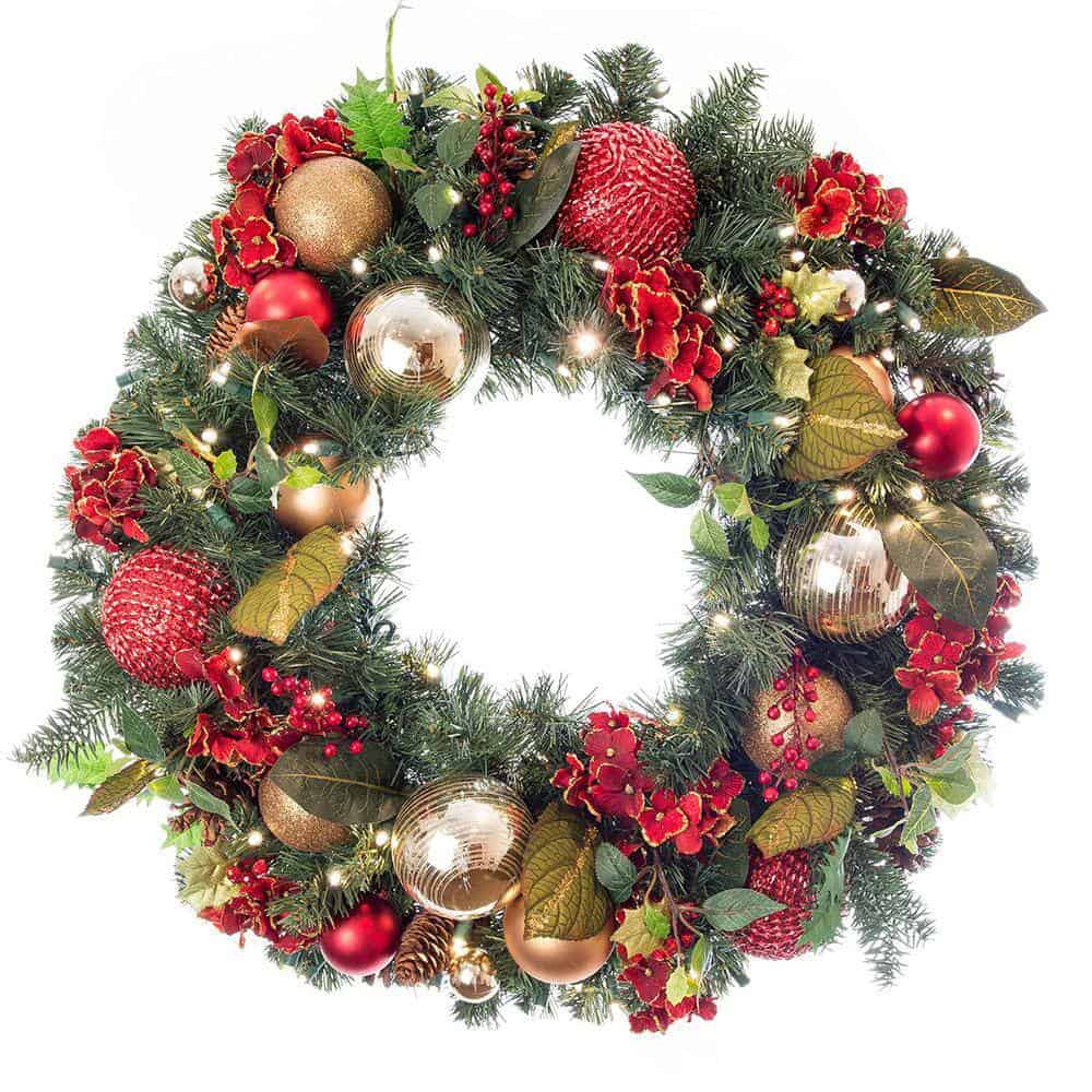 Village Lighting Company V-11090 30 in. Artificial Pre-Lit LED Scarlet Hydrangea Wreath