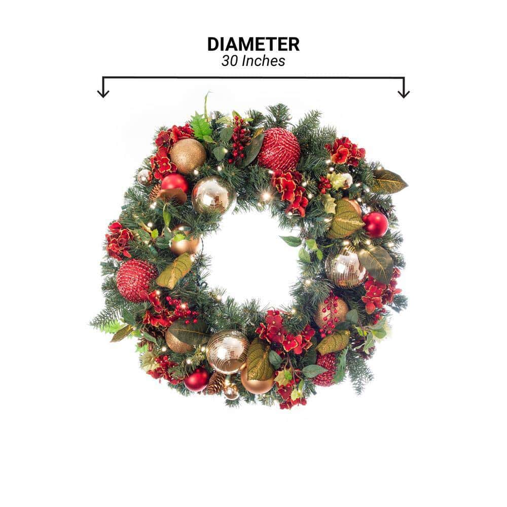 Village Lighting Company V-11090 30 in. Artificial Pre-Lit LED Scarlet Hydrangea Wreath