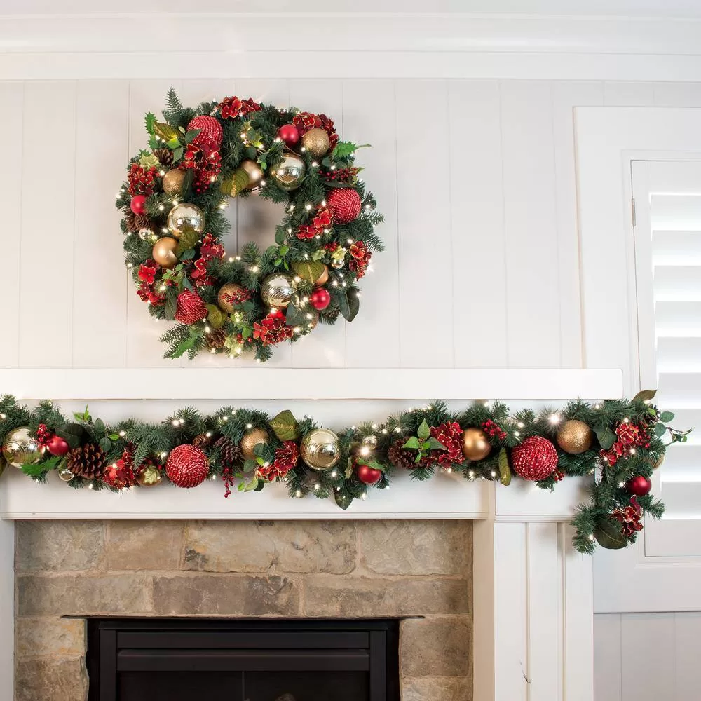 Village Lighting Company V-11090 30 in. Artificial Pre-Lit LED Scarlet Hydrangea Wreath