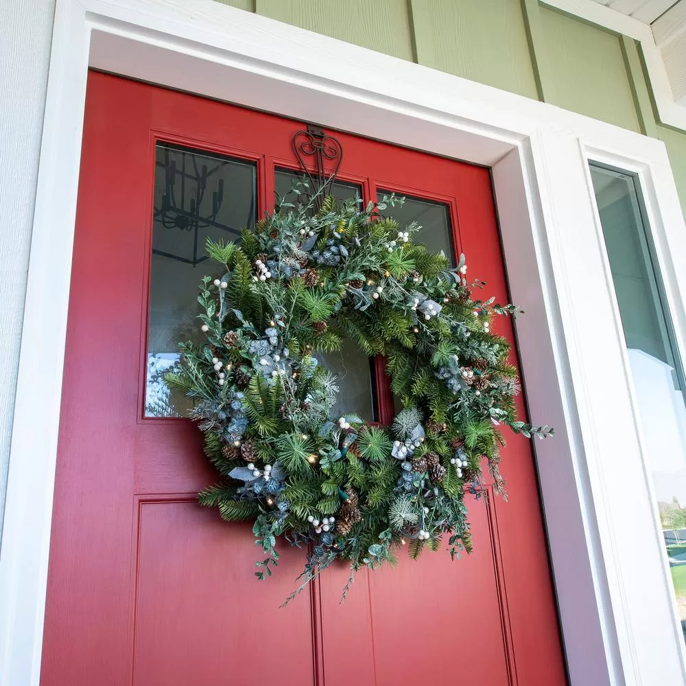 Village Lighting Company V-20684 30 in. Artificial Pre-Lit LED Rustic White Berry Wreath