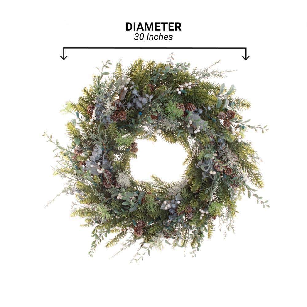 Village Lighting Company V-20684 30 in. Artificial Pre-Lit LED Rustic White Berry Wreath