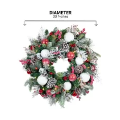 Village Lighting Company v-20715 30 in. Artificial Pre-Lit LED Frosted Wonderland Wreath