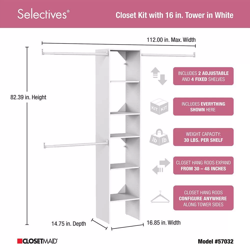 ClosetMaid 7032 Selectives 48 in. W - 112 in. W White Reach-In Tower Wall Mount 6-Shelf Wood Closet System