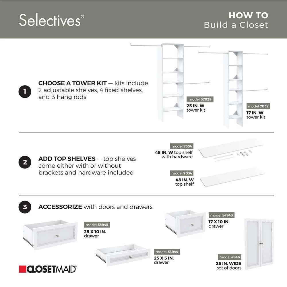 ClosetMaid 7032 Selectives 48 in. W - 112 in. W White Reach-In Tower Wall Mount 6-Shelf Wood Closet System