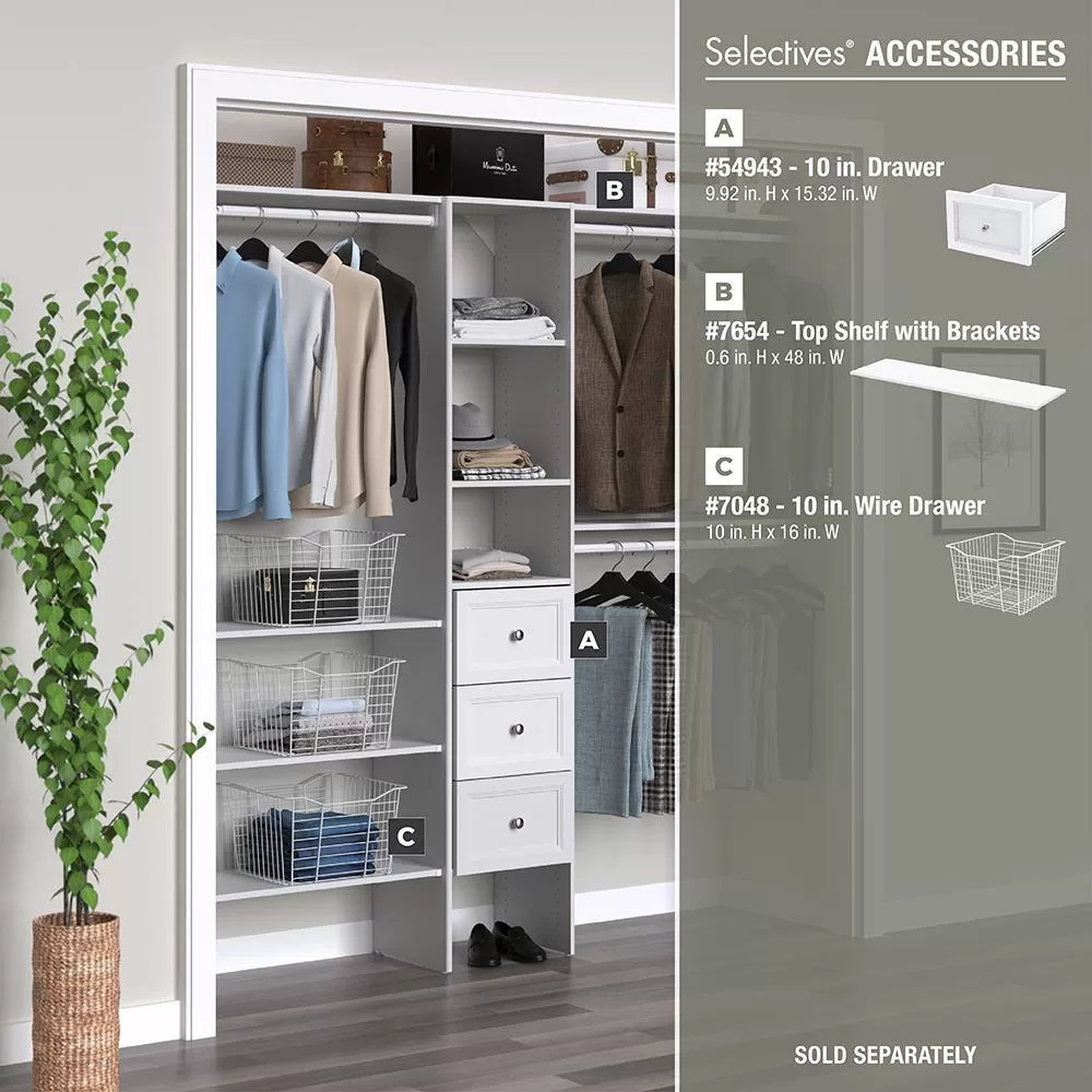 ClosetMaid 7032 Selectives 48 in. W - 112 in. W White Reach-In Tower Wall Mount 6-Shelf Wood Closet System