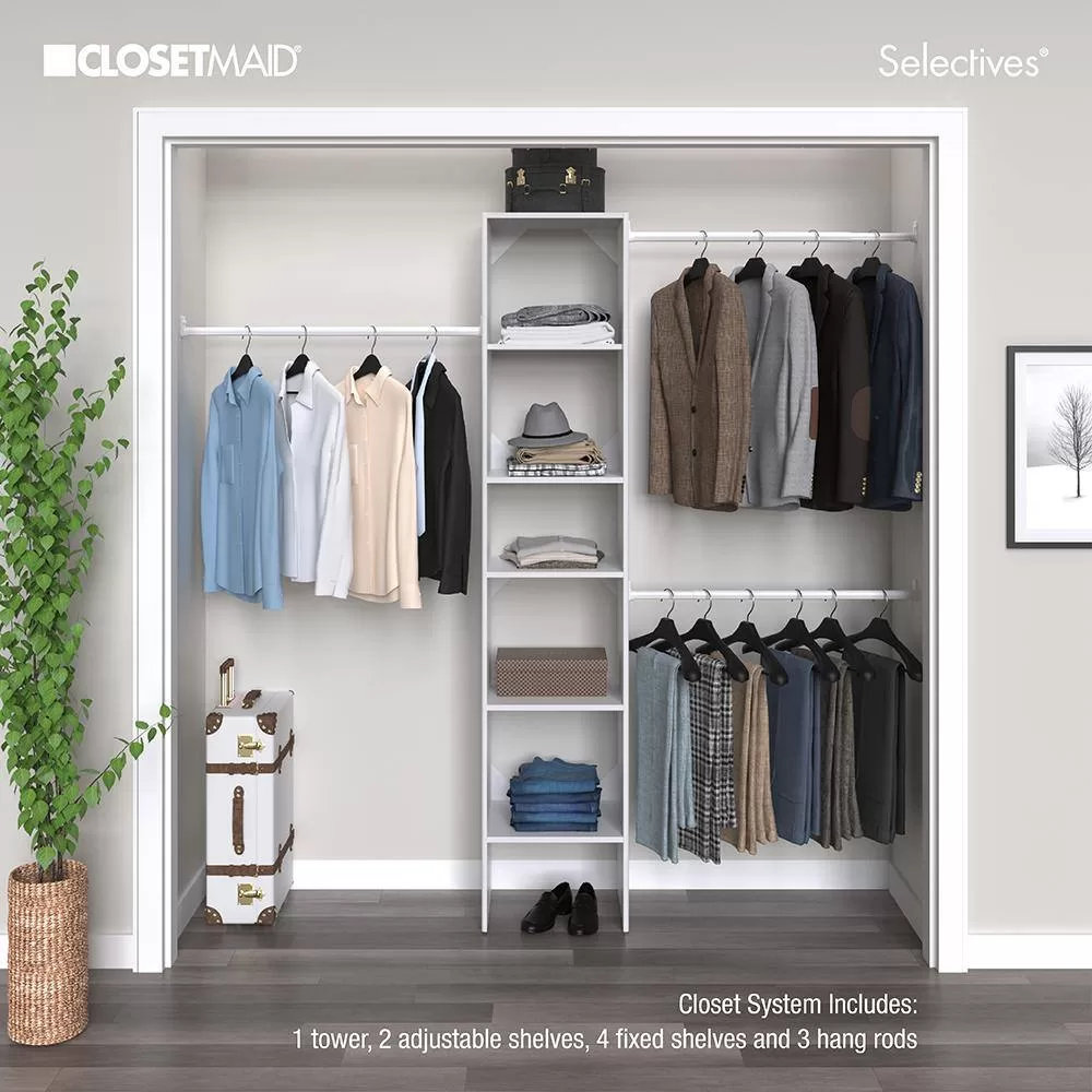 ClosetMaid 7032 Selectives 48 in. W - 112 in. W White Reach-In Tower Wall Mount 6-Shelf Wood Closet System