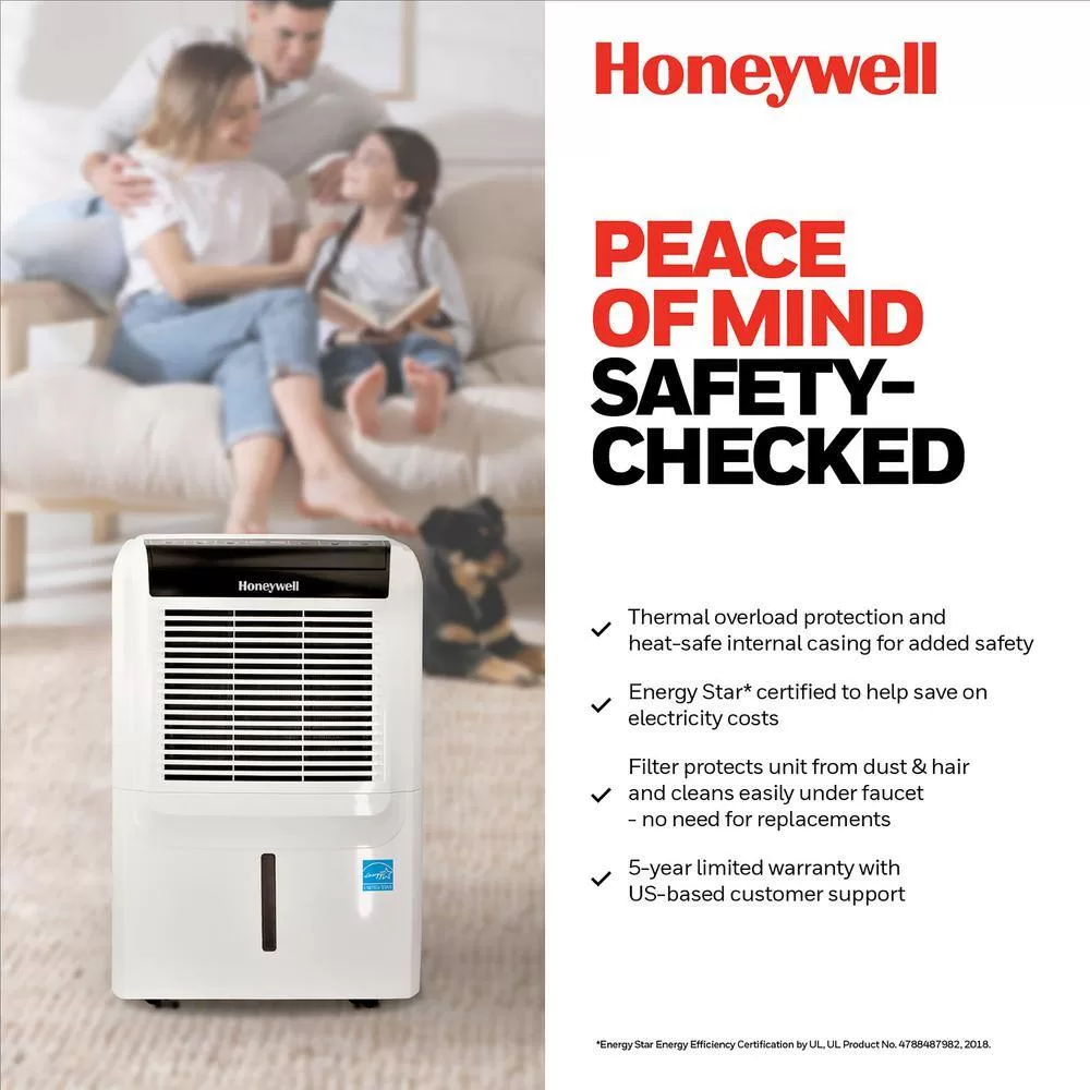 Honeywell DH45WKN 35 Pint Energy Star Dehumidifier with Anti-Spill Design, Fan and 5 Year Warranty