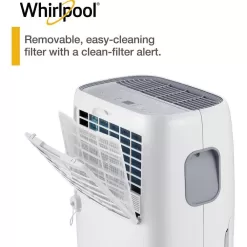 Whirlpool WHAD501CW 50-Pint Portable Dehumidifier with 24-Hour Timer, Auto Shut-Off, Easy-Clean Filter, Auto-Restart and Wheels