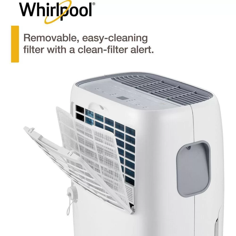 Whirlpool WHAD501CW 50-Pint Portable Dehumidifier with 24-Hour Timer, Auto Shut-Off, Easy-Clean Filter, Auto-Restart and Wheels