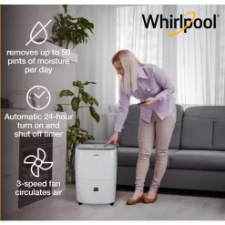 Whirlpool WHAD501CW 50-Pint Portable Dehumidifier with 24-Hour Timer, Auto Shut-Off, Easy-Clean Filter, Auto-Restart and Wheels