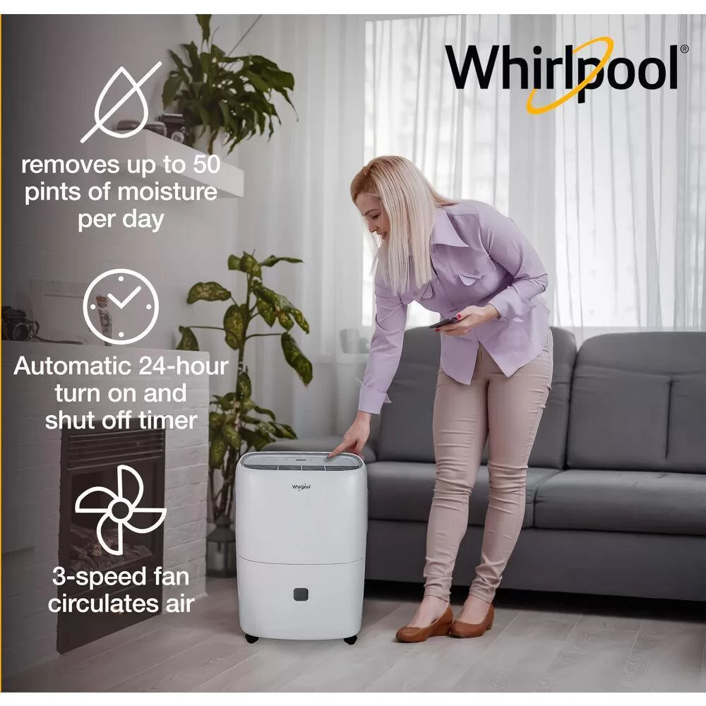 Whirlpool WHAD501CW 50-Pint Portable Dehumidifier with 24-Hour Timer, Auto Shut-Off, Easy-Clean Filter, Auto-Restart and Wheels
