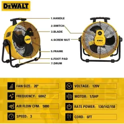 DEWALT DXF-2042 20 in. 3-Speed Heavy-Duty Drum Fan with 6 ft. Power Cord