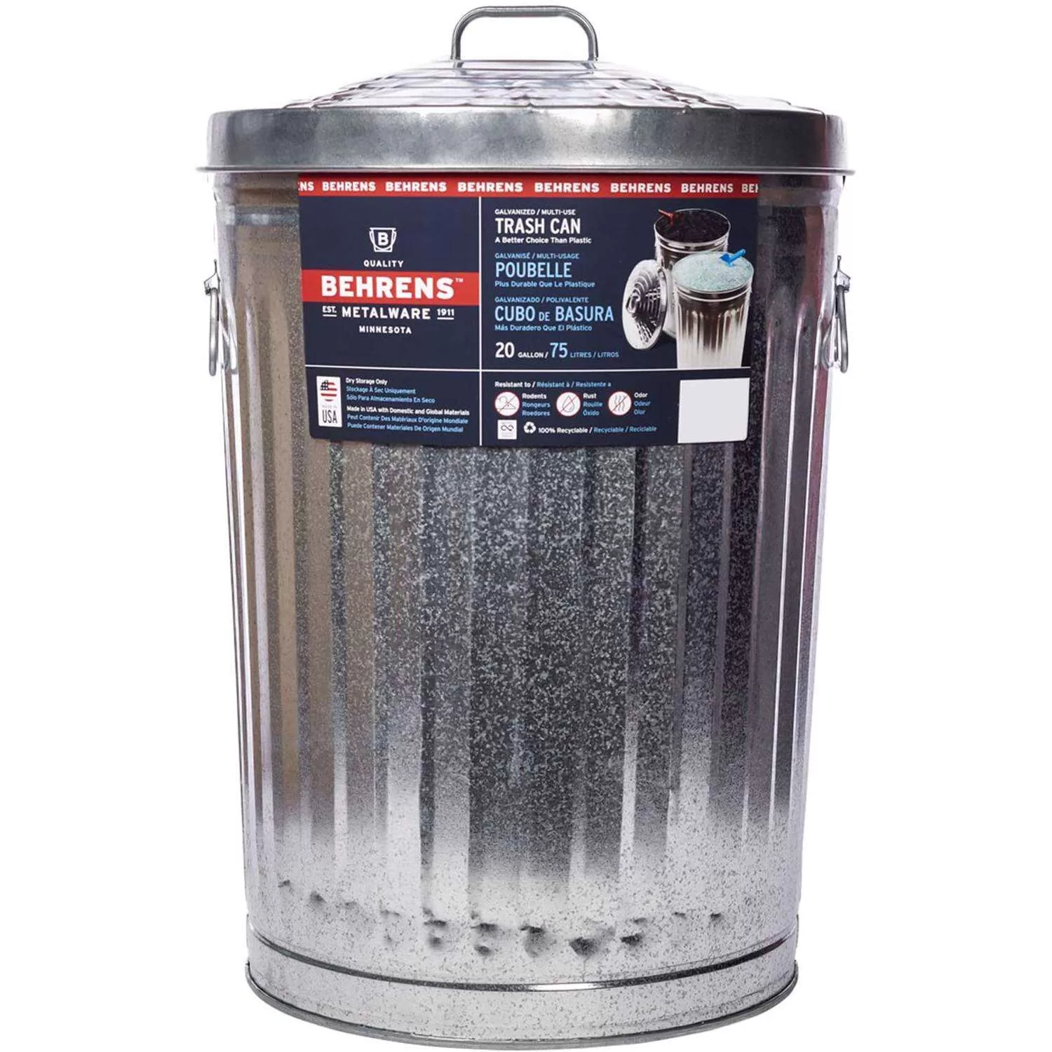 Behrens 20 gal Silver Galvanized Steel Garbage Can Lid Included Animal Proof/Animal Resistant