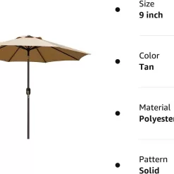 Blissun 9' Outdoor Market Patio Umbrella with Push Button Tilt and Crank, 8 Ribs (Tan)