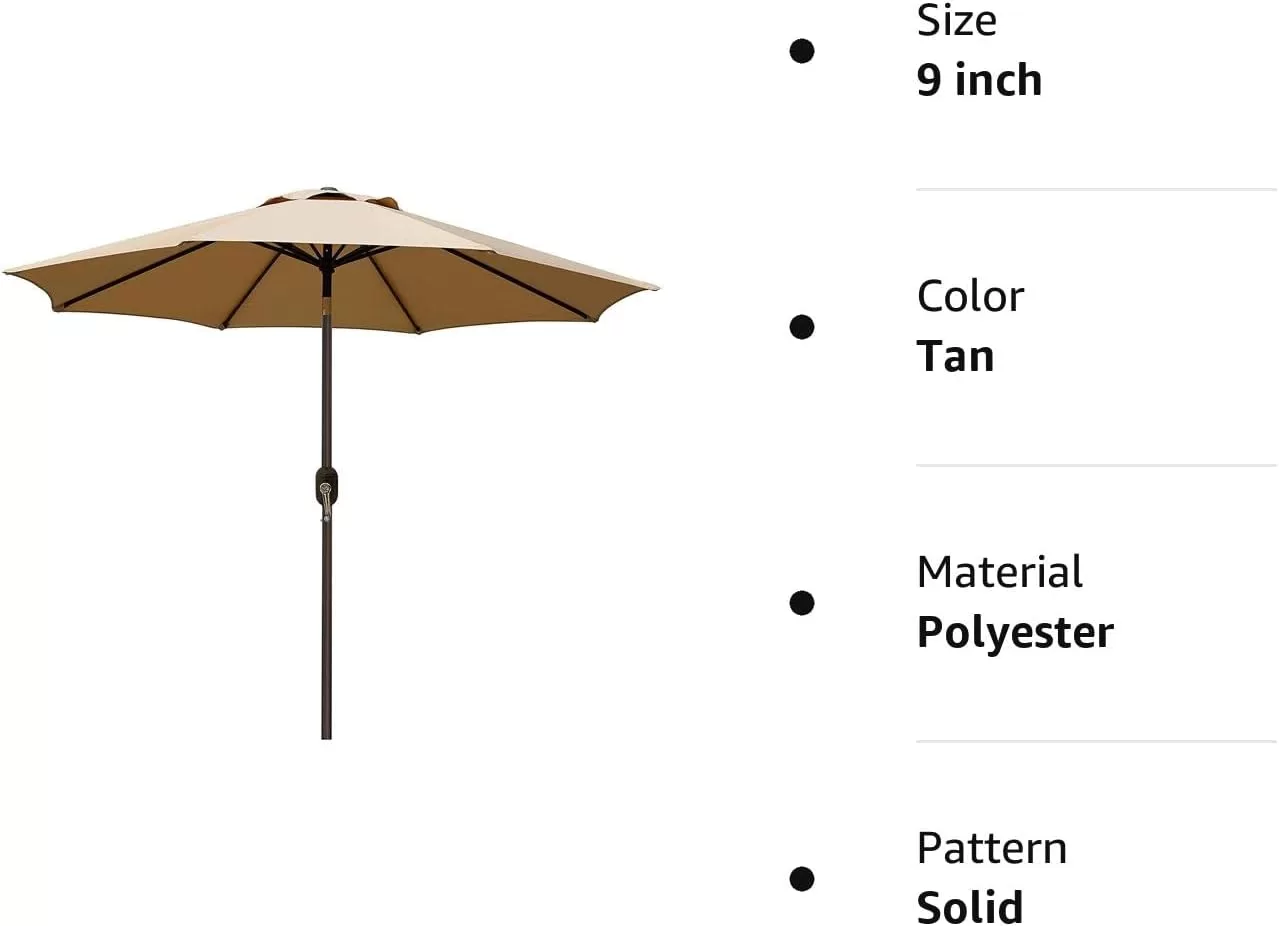 Blissun 9' Outdoor Market Patio Umbrella with Push Button Tilt and Crank, 8 Ribs (Tan)