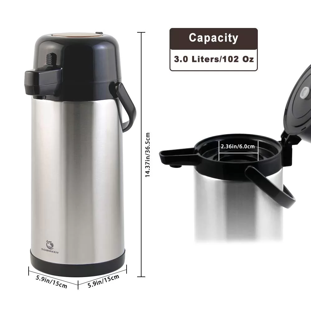TOMAKEIT 3L(102 Oz) Airpot Beverage Dispenser Insulated Stainless Steel Large Coffee Thermal