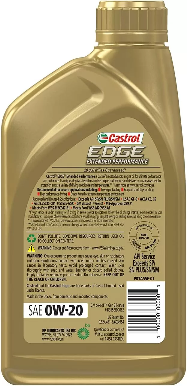 Castrol Edge Extended Performance 0W-20 Advanced Full Synthetic Motor Oil, 1 Quart, Pack of 6
