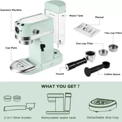 Neretva 20 Bar Espresso Coffee Machine with Steam Wand for Latte Espresso and Cappuccino - Mint Green