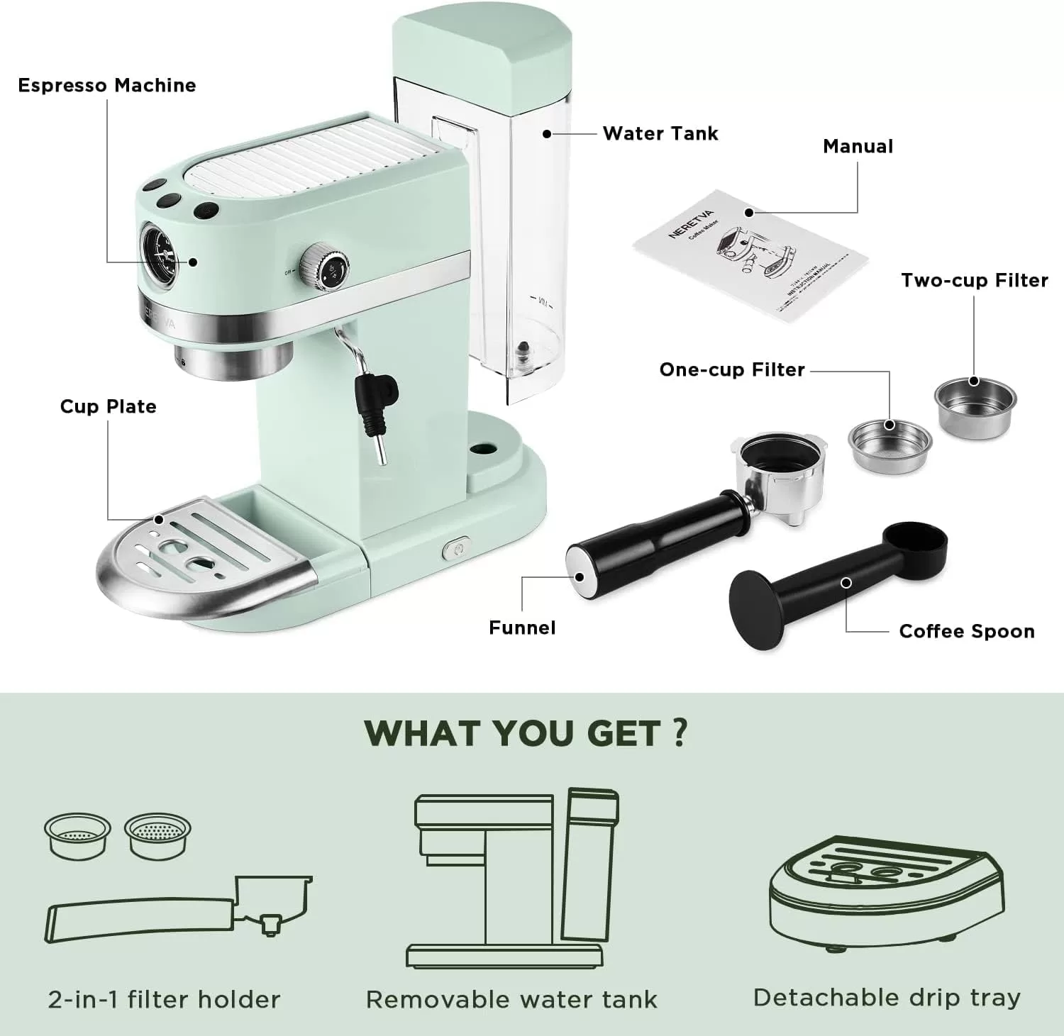 Neretva 20 Bar Espresso Coffee Machine with Steam Wand for Latte