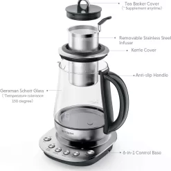 BUYDEEM K2423 Tea Maker, Durable 316 Stainless Steel & German Schott Glass Electric Kettle, 1.2L