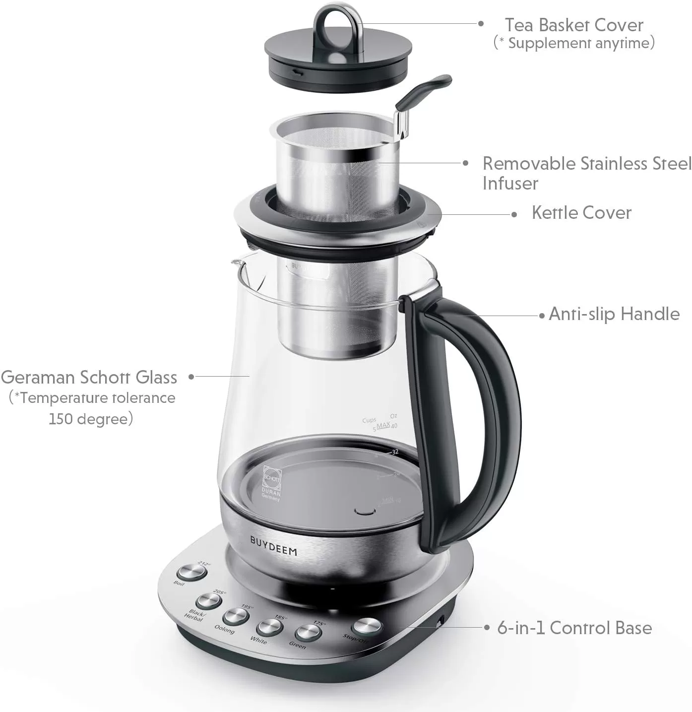 BUYDEEM K2423 Tea Maker, Durable 316 Stainless Steel & German Schott Glass Electric Kettle, 1.2L