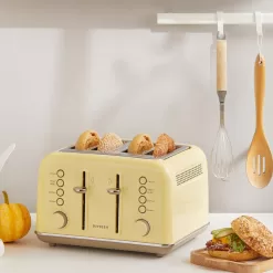 BUYDEEM DT640 4-Slice Toaster, Extra Wide Slots, Retro Stainless Steel, 7-Shade Settings (Mellow Yellow)