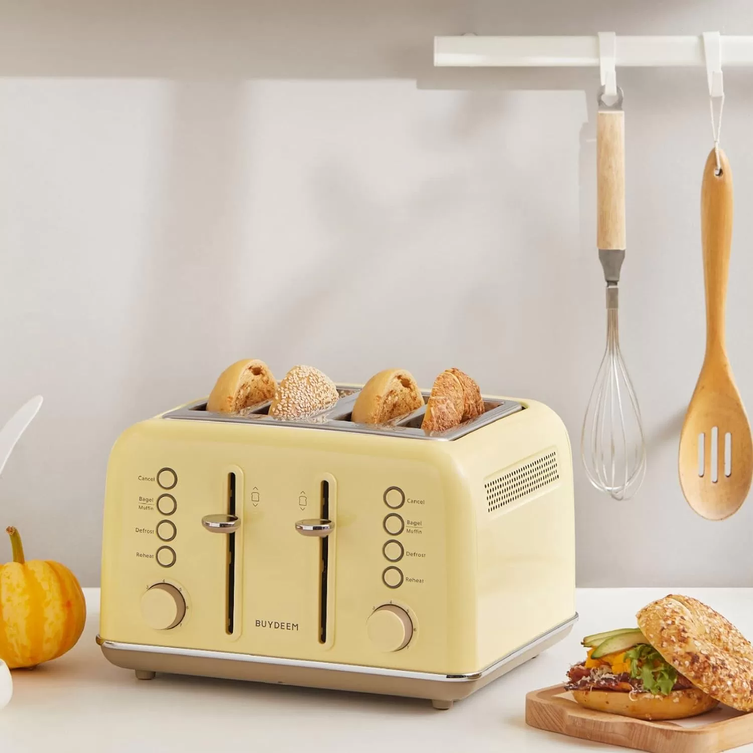 BUYDEEM DT640 4-Slice Toaster, Extra Wide Slots, Retro Stainless Steel, 7-Shade Settings (Mellow Yellow)
