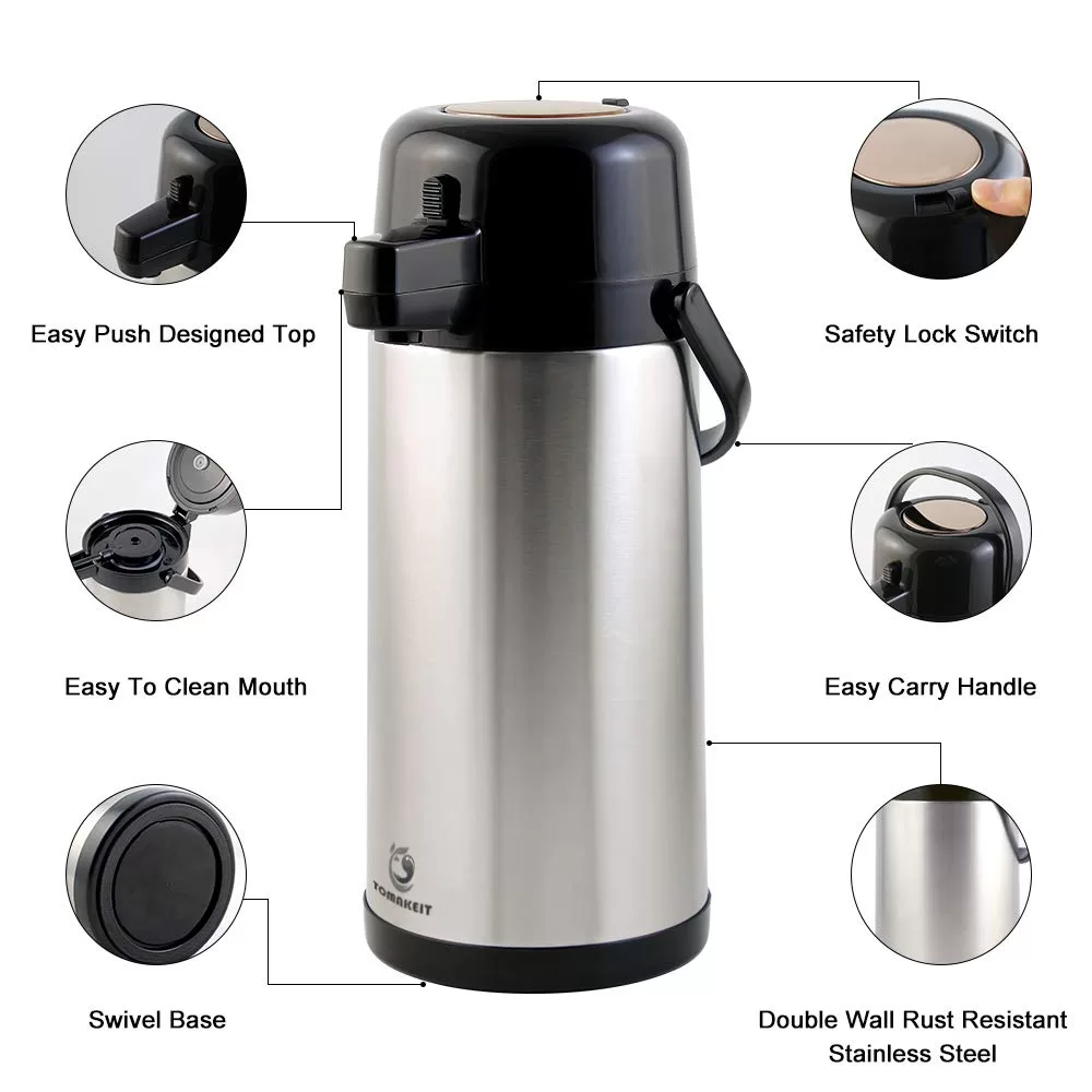 TOMAKEIT 3L(102 Oz) Airpot Beverage Dispenser Insulated Stainless Steel Large Coffee Thermal