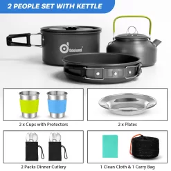 Odoland 15pcs Camping Cookware Mess Kit, Non-Stick Lightweight Pot Pan Kettle Set
